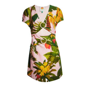 Farm Rio Cocoa Forest Mini Dress Womens Mini Small Pink Green Tropical Cut-Out